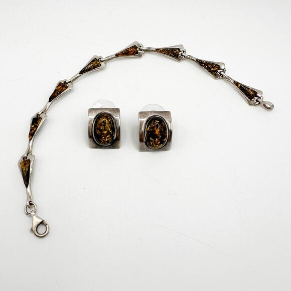 Vintage Baltic Amber Sterling Silver Semi Hoop Post Earrings and Bracelet Set - Picture 6 of 13